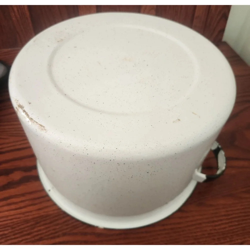 Vintage White And Black Enamelware Pot With Handles 1 Ft Diameter County Cottage